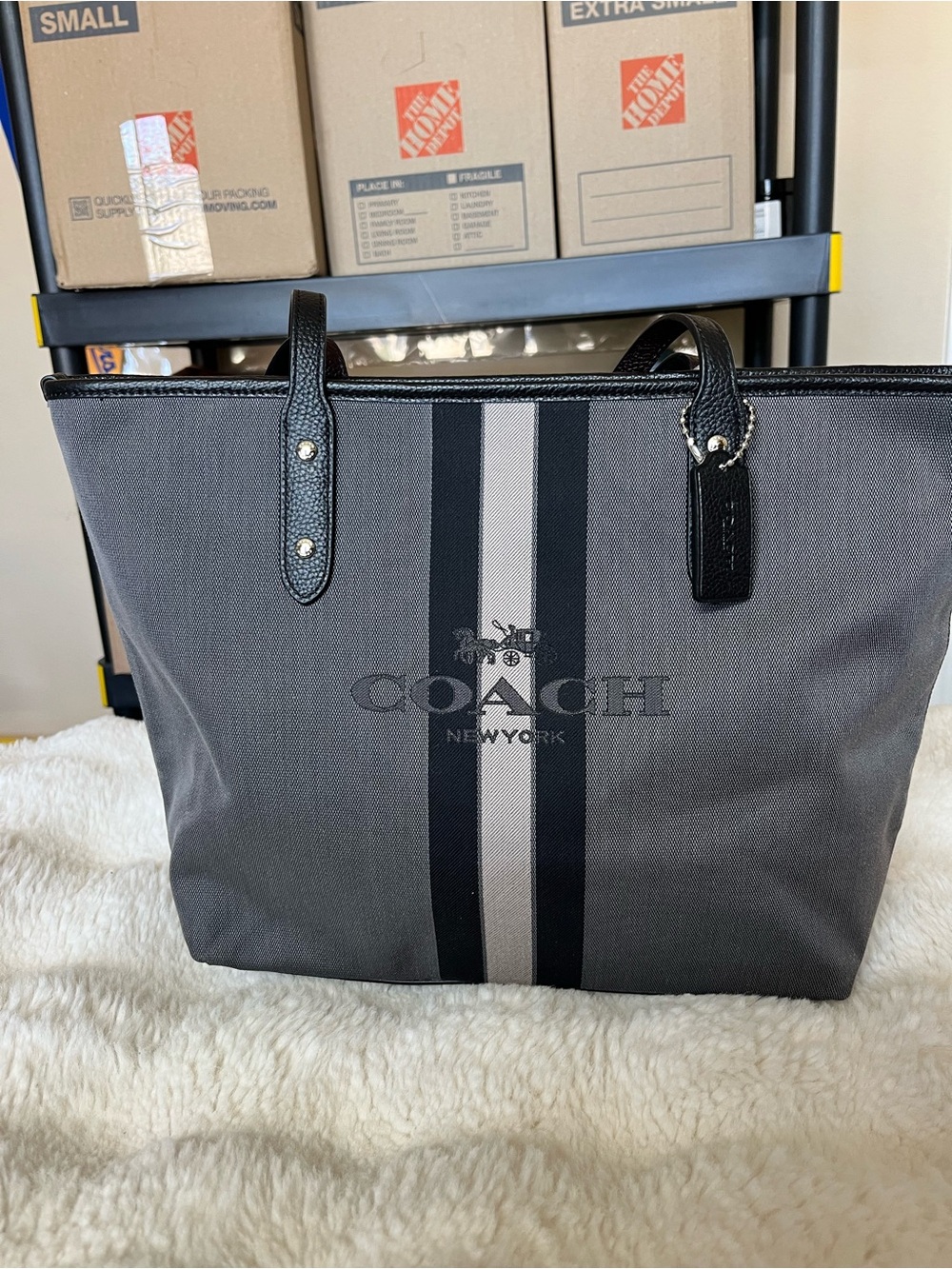 Coach Black and Gray Horse & Carriage Jacquard City Tote NWT